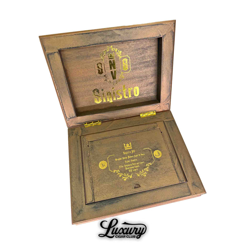 Interior view of the Sinistro NV Orpheus box with a gold-etched blend specification plaque in a rustic wood enclosure, by Luxury Cigar Club.