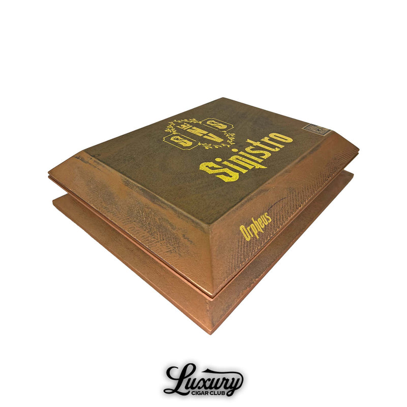 Angled view of the closed Sinistro NV Orpheus edition box with weathered finish and gold Orpheus side embossing, by Luxury Cigar Club.