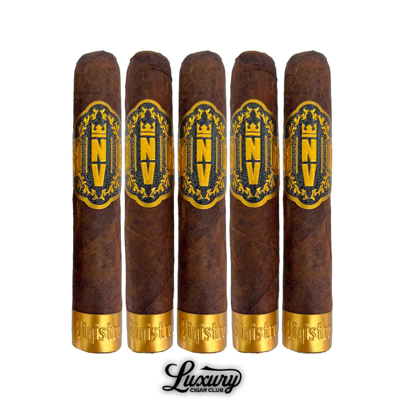 Five Sinistro NV Orpheus cigars aligned vertically with dark wrappers, tapered heads, and gold foot bands, by Luxury Cigar Club.
