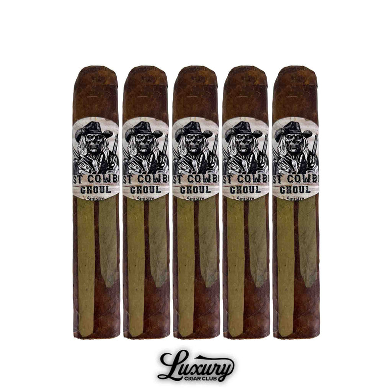 Five Sinistro The Last Cowboy Ghoul Robusto cigars lined up showing green and brown barber pole wrappers with white bands featuring the skeletal cowboy design. Luxury Cigar Club logo below.