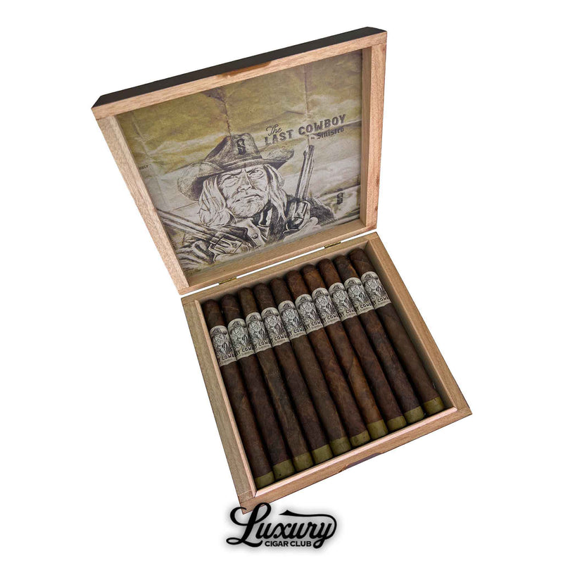 Angled view of an open wooden box displaying twelve Sinistro The Last Cowboy Maduro Churchill cigars, each with a closed foot and black-and-white cowboy-themed band. The inside lid features vintage-style artwork of a cowboy with pistols and the text “The Last Cowboy by Sinistro.” Luxury Cigar Club branding appears below the box.