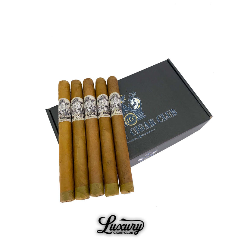 Sinistro The Last Cowboy Natural cigars arranged in a row on a Luxury Cigar Club box, showcasing light brown Connecticut wrappers with detailed cowboy-themed bands.