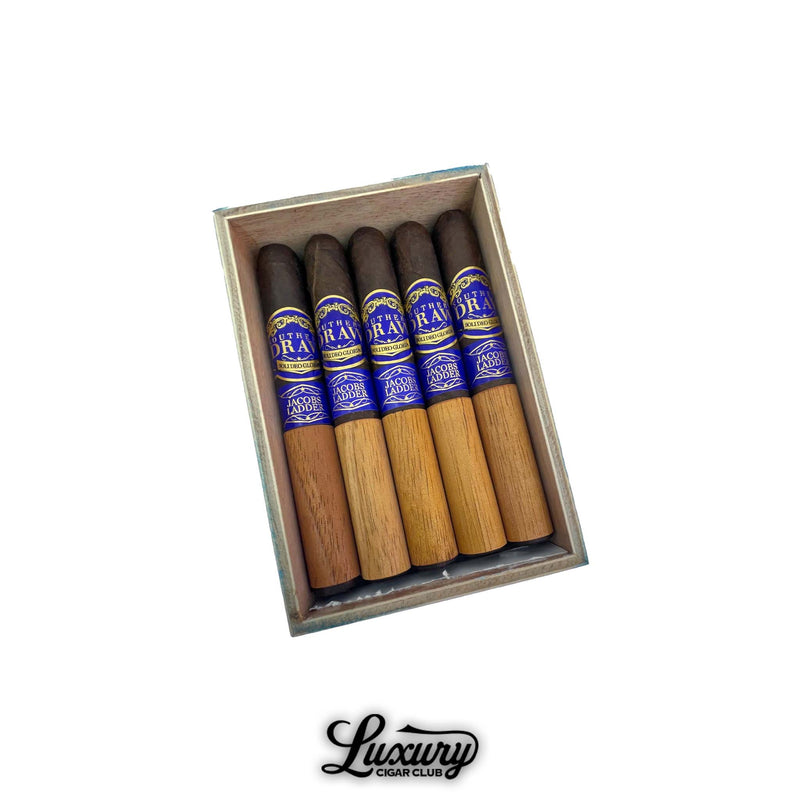 Open box of Southern Draw Jacobs Ladder Toro cigars with cedar wrapped lower halves, angled overhead view on white background.