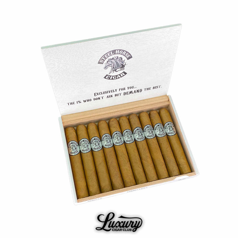 Open box of Steel Horse Connecticut Robusto cigars with perfectly rolled golden-brown Connecticut wrappers and silver logo bands. The minimalist design and clean layout emphasize elegance and quality. Luxury Cigar Club.