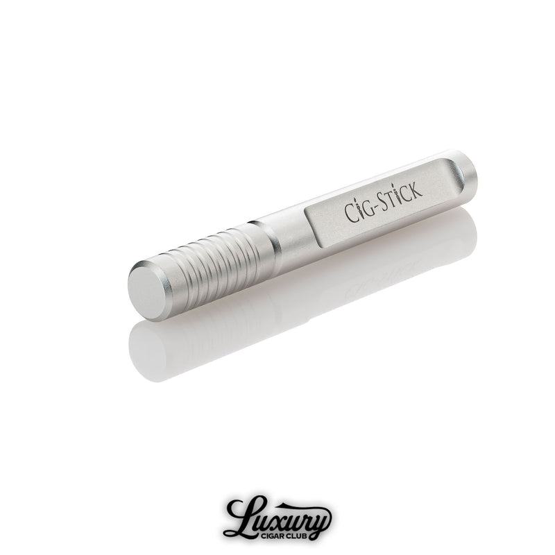 Silver Stick the Stick Cig Stick closed with engraved branding displayed on a white background Luxury Cigar Club