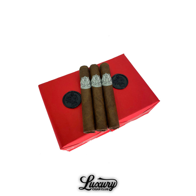 A presentation of Stolen Throne Call to Arms cigars resting on a bold red box adorned with black wax seals, highlighting the band design and craftsmanship, available at Luxury Cigar Club.