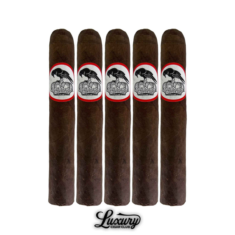 Five Stolen Throne Crook of the Crown Robusto cigars lined up with dark brown wrappers and bold white bands displaying a raven perched on a crown outlined in red available at Luxury Cigar Club