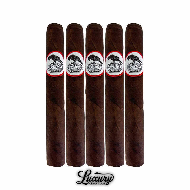 Five Stolen Throne Crook of the Crown Toro cigars arranged in a row showing dark oily wrappers and striking raven and crown cigar bands from Luxury Cigar Club.
