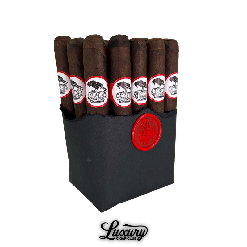 Close up of Stolen Throne Crook of the Crown Toro cigars bundled in black paper with a vivid red wax seal highlighting detailed branding from Luxury Cigar Club