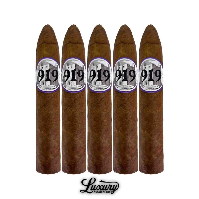 Five Stolen Throne Castle 919 Belicoso cigars with rich brown wrappers and tapered heads, featured at Luxury Cigar Club.