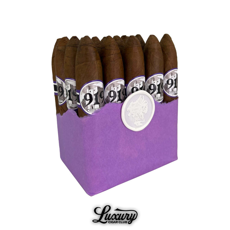 Bundle of 20 Stolen Throne Castle 919 Belicoso cigars wrapped in purple paper with a white wax seal, showing pointed cigar heads, at Luxury Cigar Club.