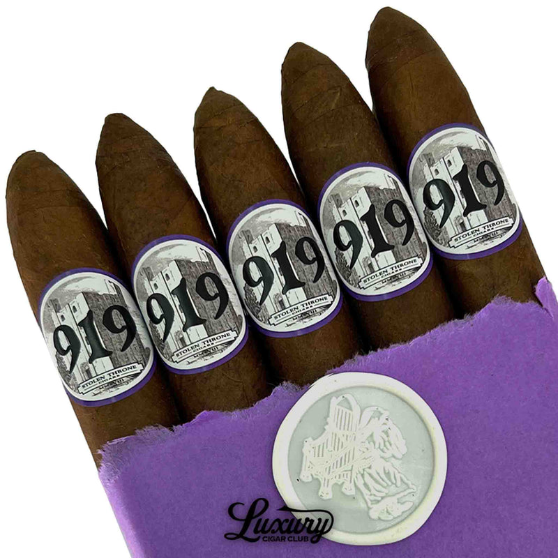 Close-up of Stolen Throne Castle 919 Belicoso cigars with detailed 919 bands and purple tissue wrap, premium hand-rolled cigars at Luxury Cigar Club.