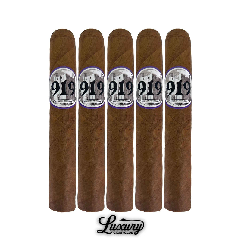 Five Stolen Throne Castle 919 Robusto cigars with brown wrappers and detailed band design, displayed for sale at Luxury Cigar Club.