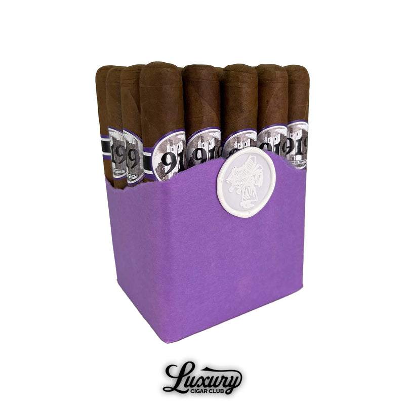 Bundle of 20 Stolen Throne Castle 919 Robusto cigars wrapped in purple paper with a white wax seal, available at Luxury Cigar Club.