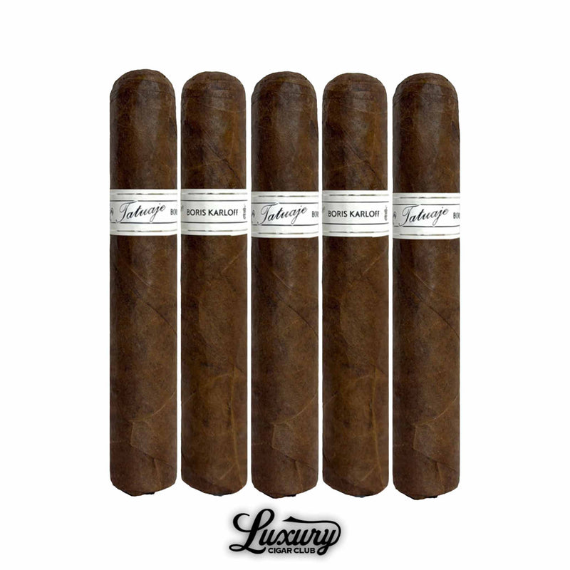 Tatuaje Boris Karloff Robusto 5 pack cigars standing front facing dark brown robusto cigars with white Boris Karloff bands limited edition small batch release Luxury Cigar Club