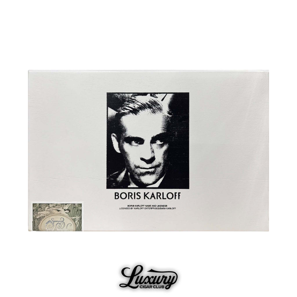 Tatuaje Boris Karloff Robusto cigars box closed with white box and black and white Boris Karloff portrait licensed Tatuaje limited release premium boutique cigars Luxury Cigar Club