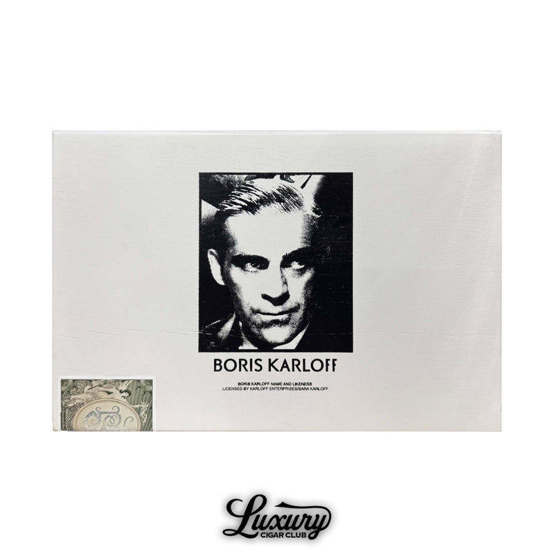 Tatuaje Boris Karloff Robusto cigars box closed with white box and black and white Boris Karloff portrait licensed Tatuaje limited release premium boutique cigars Luxury Cigar Club