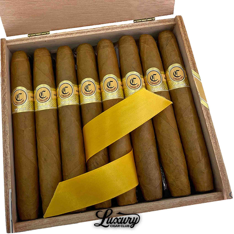 Close-up of Tatuaje Cabaiguan Británicas Extra cigars inside an open wooden box, highlighting their smooth golden-brown wrappers and gold-embossed bands with yellow ribbon detail, presented by Luxury Cigar Club.