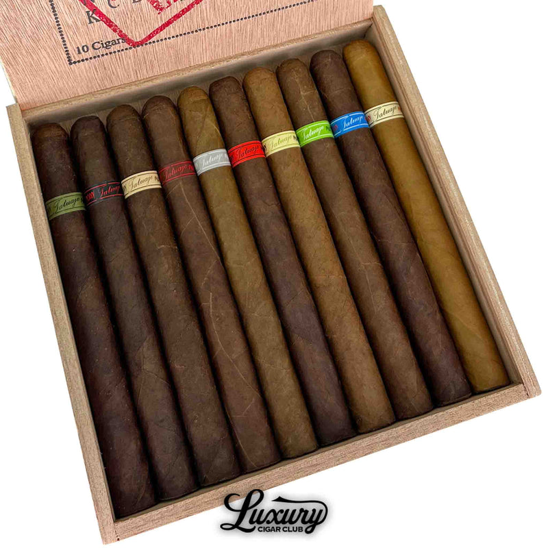 Close-up of Tatuaje Cazadores Monsters Sampler Limited Edition cigars – 10 unique skinny monster cigars with colorful bands in cedar box, collector’s set from Luxury Cigar Club