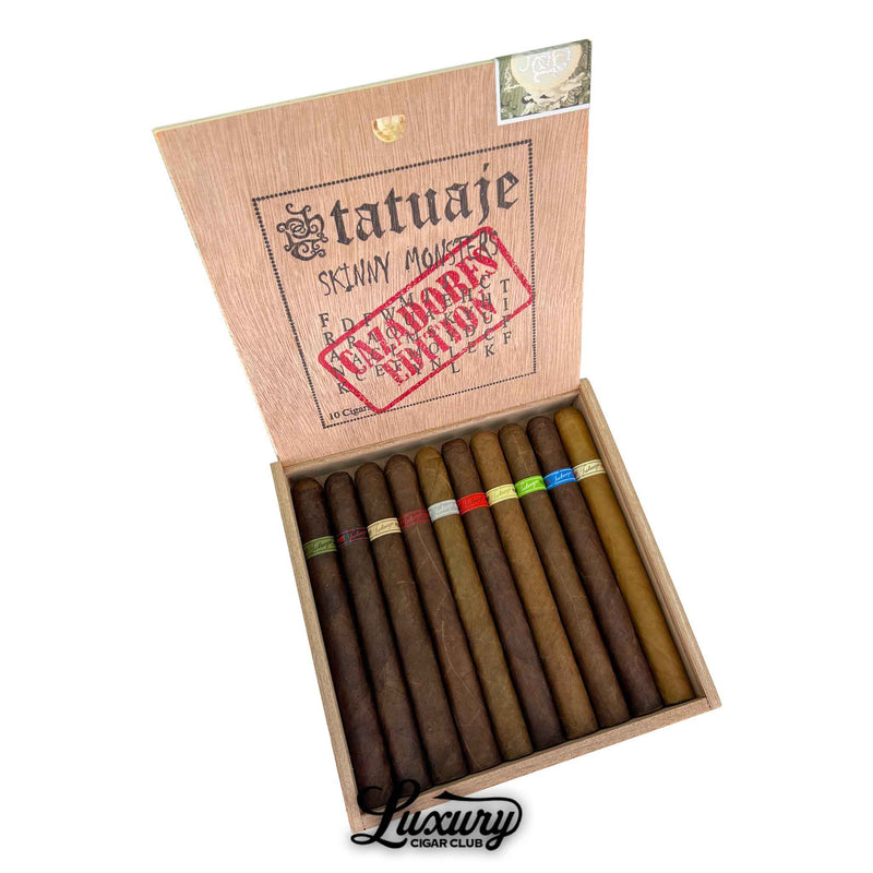 Box of Tatuaje Cazadores Monsters Sampler Limited Edition cigars – 10-count skinny monster cigars with colorful bands in cedar box, exclusive collector’s release from Luxury Cigar Club