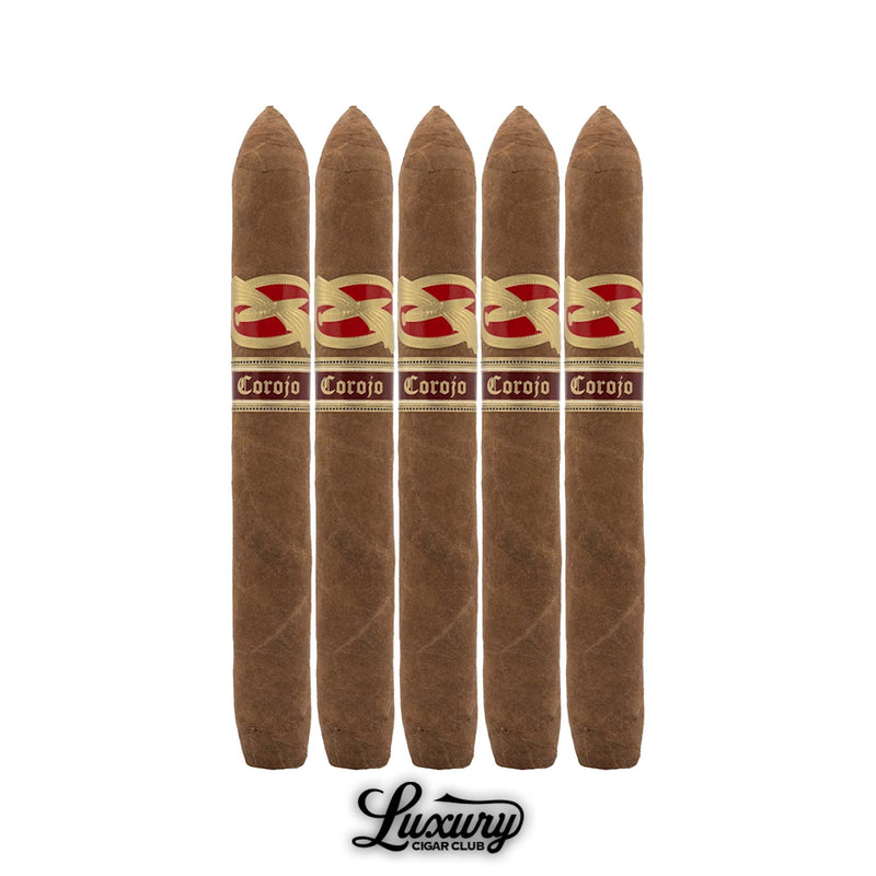 Five Tatuaje Avion 13 Corojo cigars lined up in torpedo shape, each with red and gold bands, placed above the Luxury Cigar Club logo.