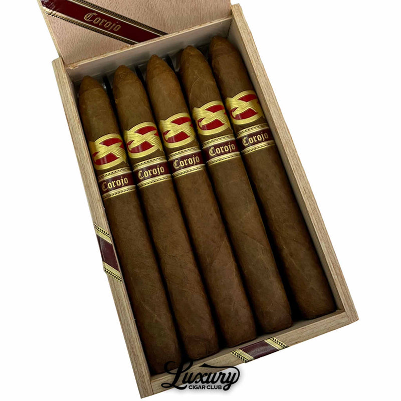 Close up of Tatuaje Corojo Series Limited Edition Avion 13 cigars showing detailed red and gold bands with Corojo label from Luxury Cigar Club
