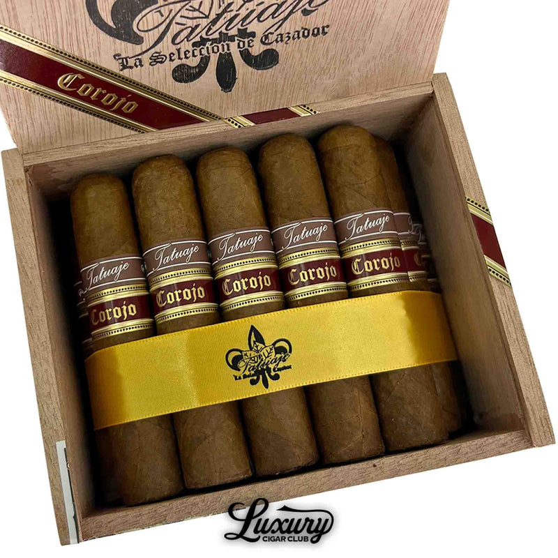 Close up of Tatuaje Corojo Series Limited Edition Cohetes cigars with brown wrappers and classic Corojo bands from Luxury Cigar Club