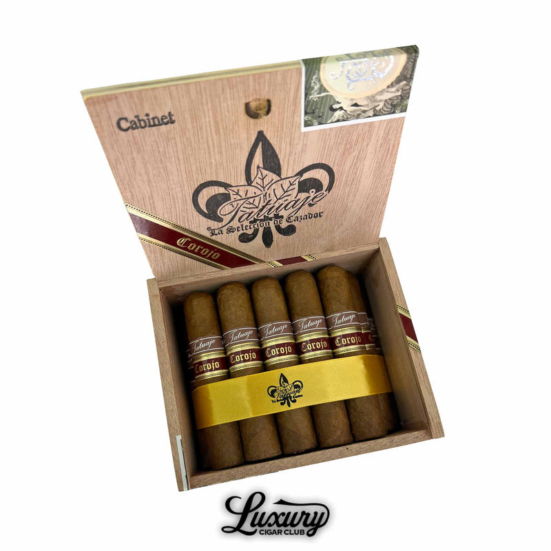 Open box of Tatuaje Corojo Series Limited Edition Cohetes cigars in a cabinet box with bold Corojo branding from Luxury Cigar Club