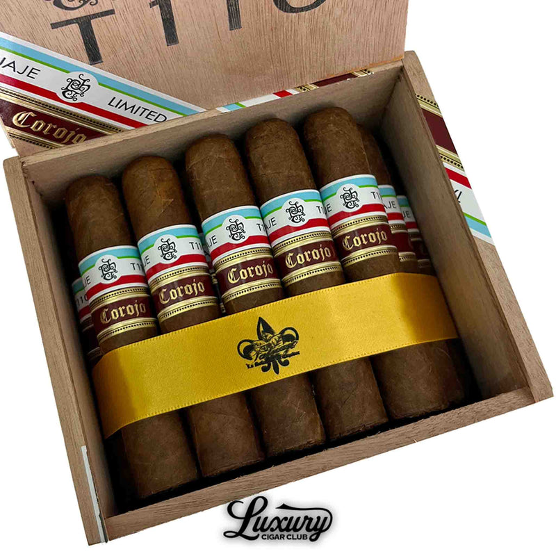 Close up of Tatuaje Corojo Series Limited Edition T110 cigars with detailed tri color and gold bands highlighting Corojo blend from Luxury Cigar Club