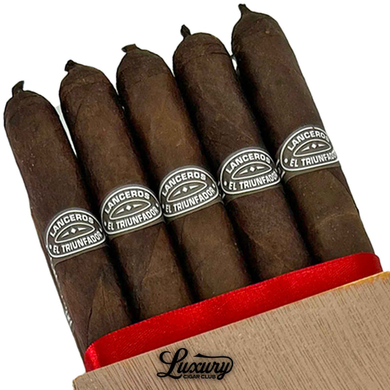 Close-up macro image of the Tatuaje El Triunfador Lancero cigars showing the dark brown wrapper texture and gray El Triunfador lancero bands tied together with a red ribbon at the box opening.