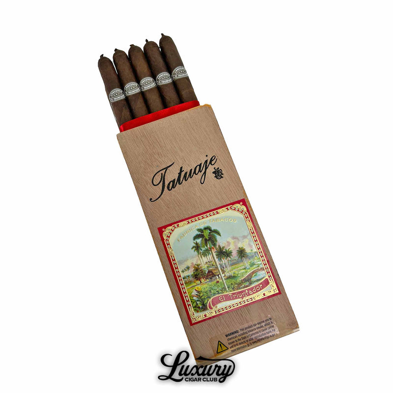 Open wooden slide-top box of Tatuaje El Triunfador Lancero cigars with five slim, dark brown lancero cigars arranged neatly inside, featuring the El Triunfador gray and white bands, shown on a white background with Luxury Cigar Club branding.