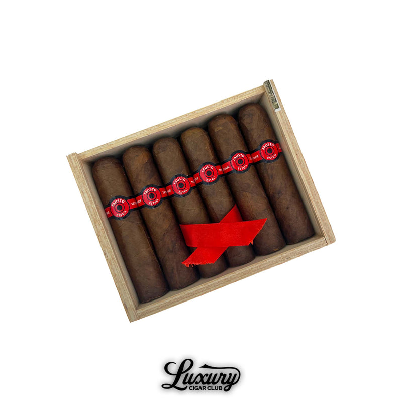 Box of Tatuaje Fausto FT110 cigars featuring dark, robust cigars with bold red and black bands, neatly arranged in a natural wood box with a red ribbon and the Luxury Cigar Club logo below.