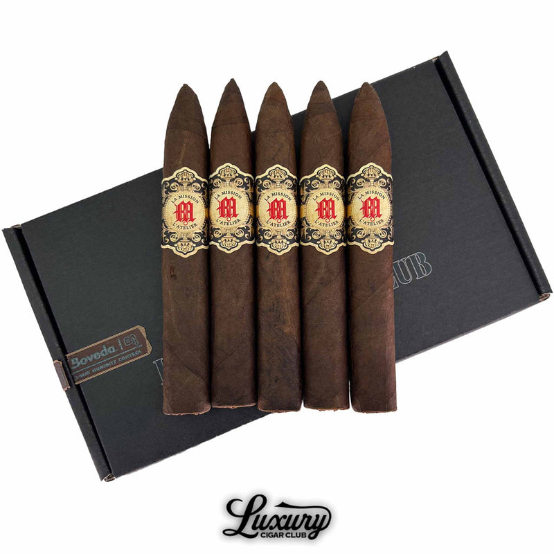 Close-up of Tatuaje La Mission de L’Atelier 1982 cigars highlighting dark wrappers and embossed bands from Luxury Cigar Club