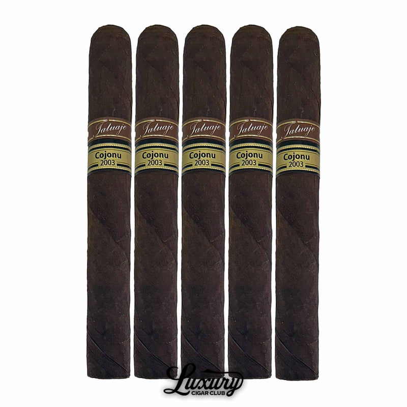 Tatuaje Miami Cojonu 2003 cigars 5-pack with dark wrapper and Luxury Cigar Club logo