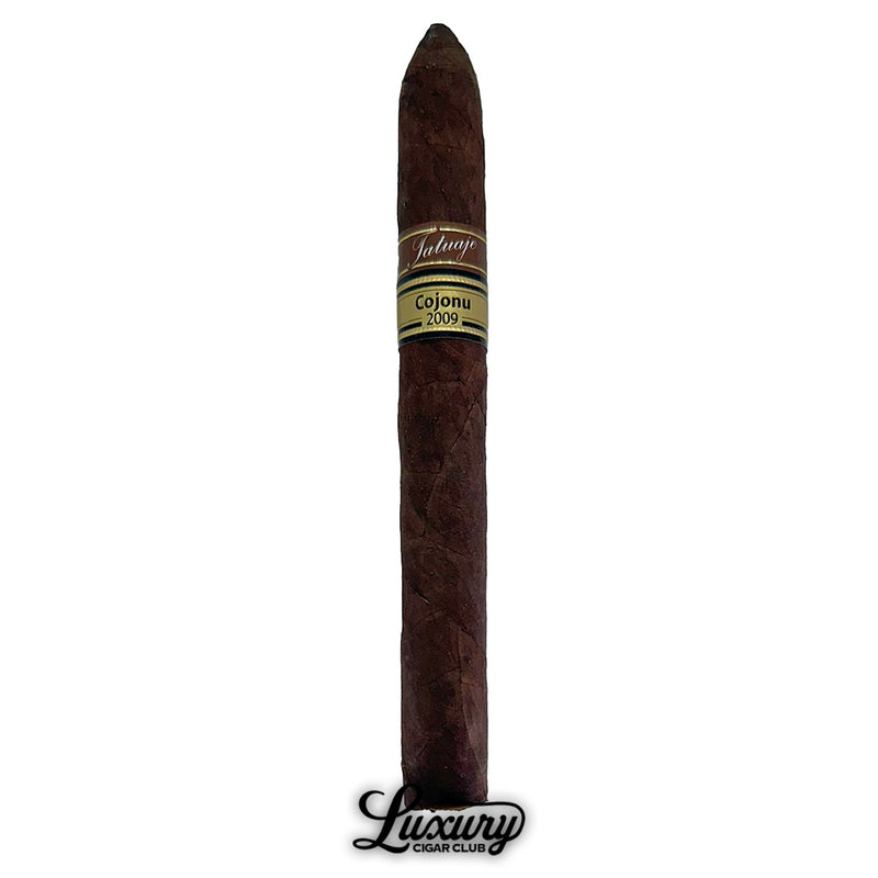 Tatuaje Miami Cojonu 2009 single cigar with tapered head and Luxury Cigar Club logo