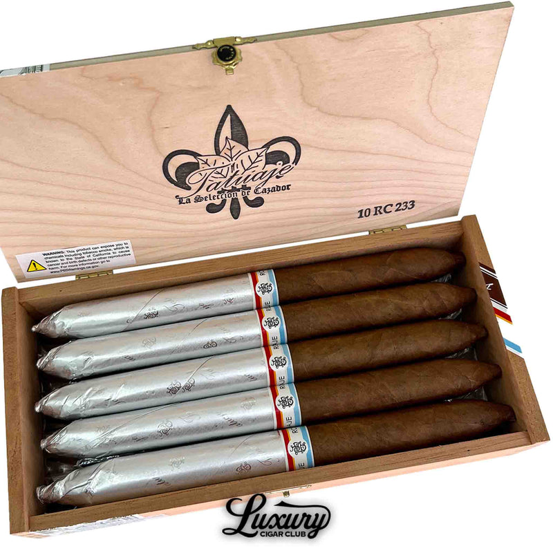 Close-up of Tatuaje RC 233 Gran Perfecto cigars from Luxury Cigar Club highlighting elegant silver foil wrapping rich brown Ecuadorian wrapper leaf and refined Perfecto shape craftsmanship.