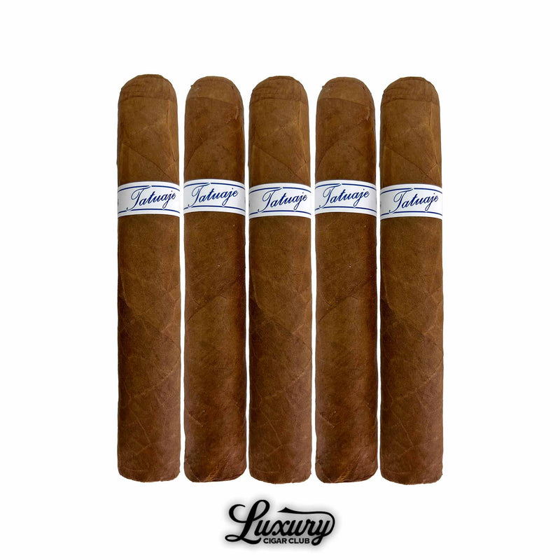 Five pack lineup of Tatuaje Series P Honduras Robusto cigars standing upright with white and blue bands on white background Luxury Cigar Club branding