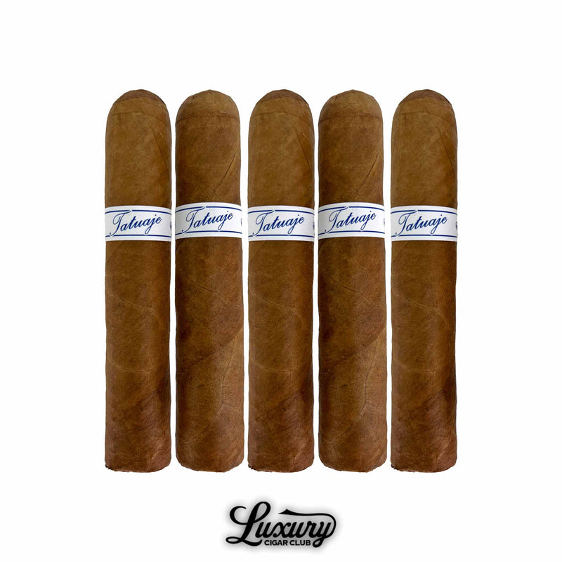 Five pack lineup of Tatuaje Series P Honduras Short Robusto cigars vertical presentation showing wrapper shade and clean white bands on white background Luxury Cigar Club branding