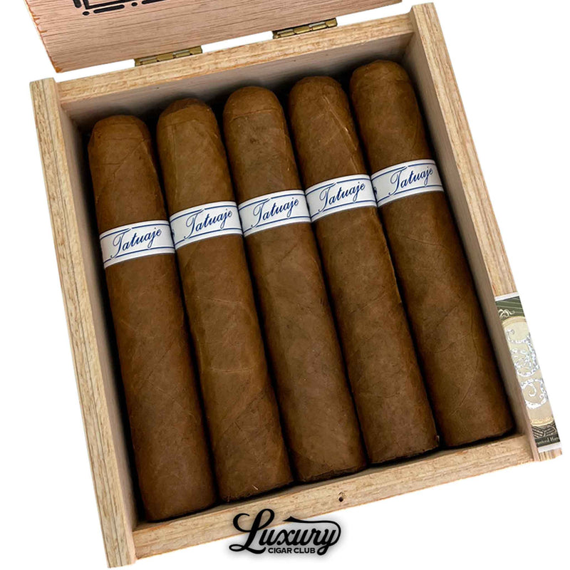 Close up detail shot of Tatuaje Series P Honduras Short Robusto cigars in open cedar box highlighting medium brown wrapper veins and presentation Luxury Cigar Club branding