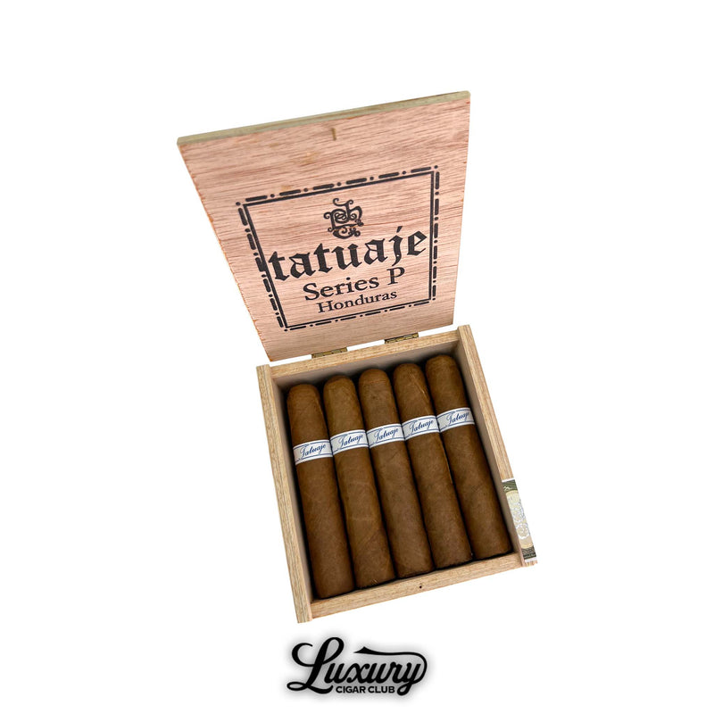 Open box of Tatuaje Series P Honduras Short Robusto cigars natural wrapper cigars arranged neatly in cedar box with lid open on white background Luxury Cigar Club branding