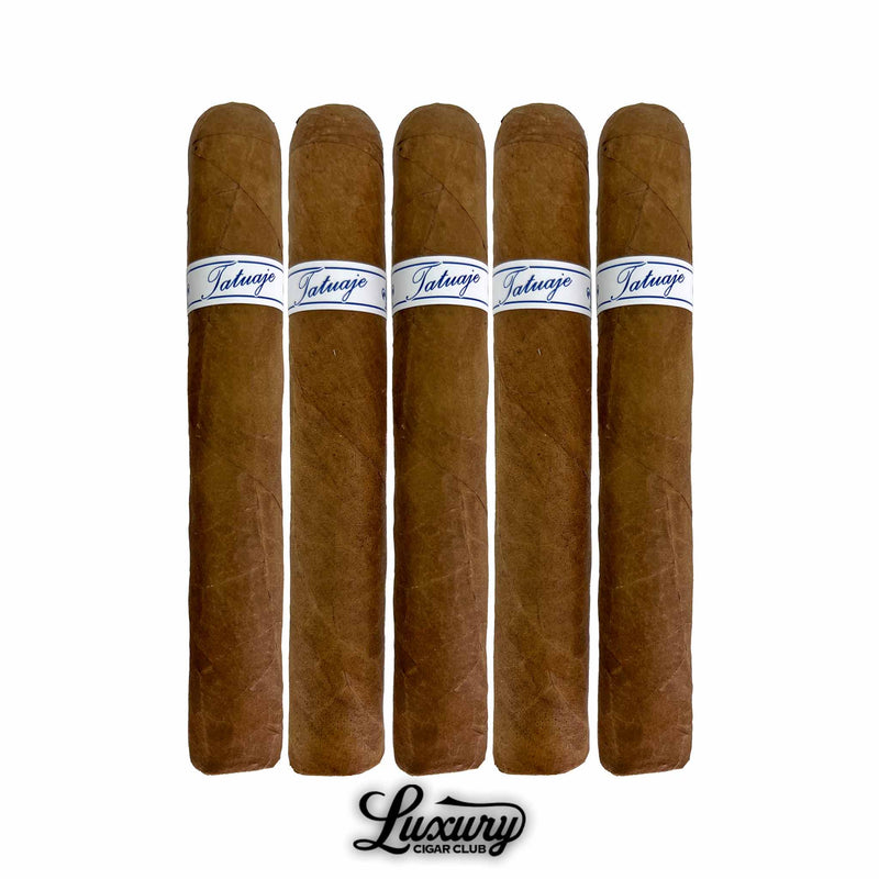 Five Tatuaje Series P Honduras Short Toro cigars standing upright together, medium brown wrapper leaf, white and blue Tatuaje bands, Luxury Cigar Club logo below.
