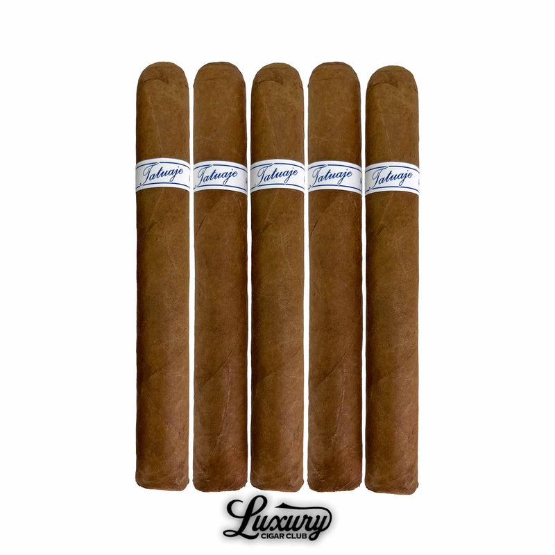 Five Tatuaje Series P Honduras Toro cigars standing upright together, longer format, medium brown wrapper with white and blue Tatuaje bands, Luxury Cigar Club logo under cigars.