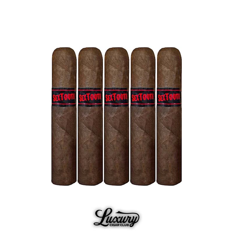 Tatuaje Sextooth Holiday cigars arranged in a 5-pack with rustic brown wrappers and red Sextooth bands from Luxury Cigar Club.