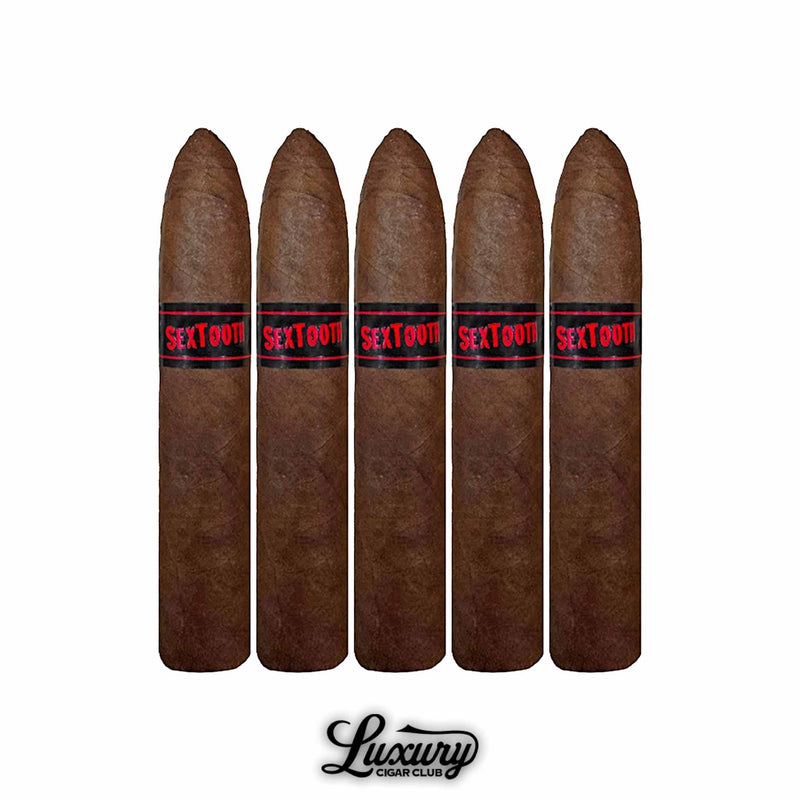 Tatuaje Sextooth Vampire 5-pack featuring torpedo-shaped cigars with red-and-black bands, presented by Luxury Cigar Club.