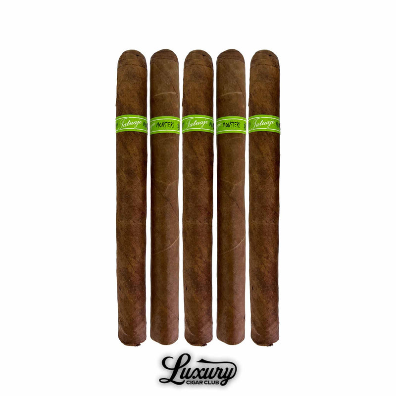 Five Tatuaje Skinny Monsters Hyde petit lancero cigars standing upright with dark brown wrappers and bright green Hyde bands, displayed on a clean white background with Luxury Cigar Club branding.