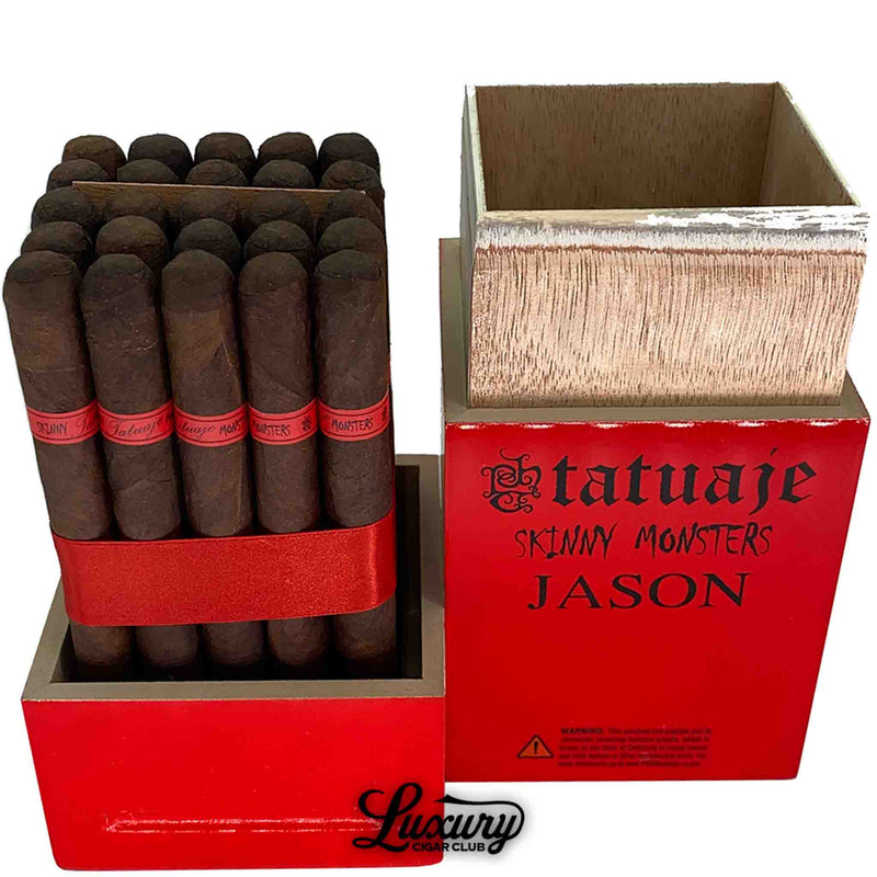 Close up of Tatuaje Skinny Monsters Jason cigars in their red painted open box with red ribbon bundle by Luxury Cigar Club.