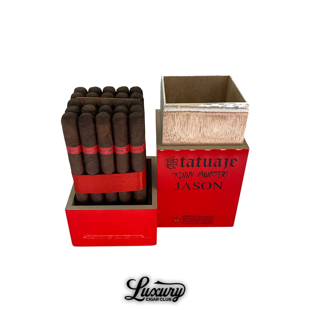 Open red painted Tatuaje Skinny Monsters Jason cigar box filled with dark robusto cigars wrapped with red ribbon by Luxury Cigar Club.