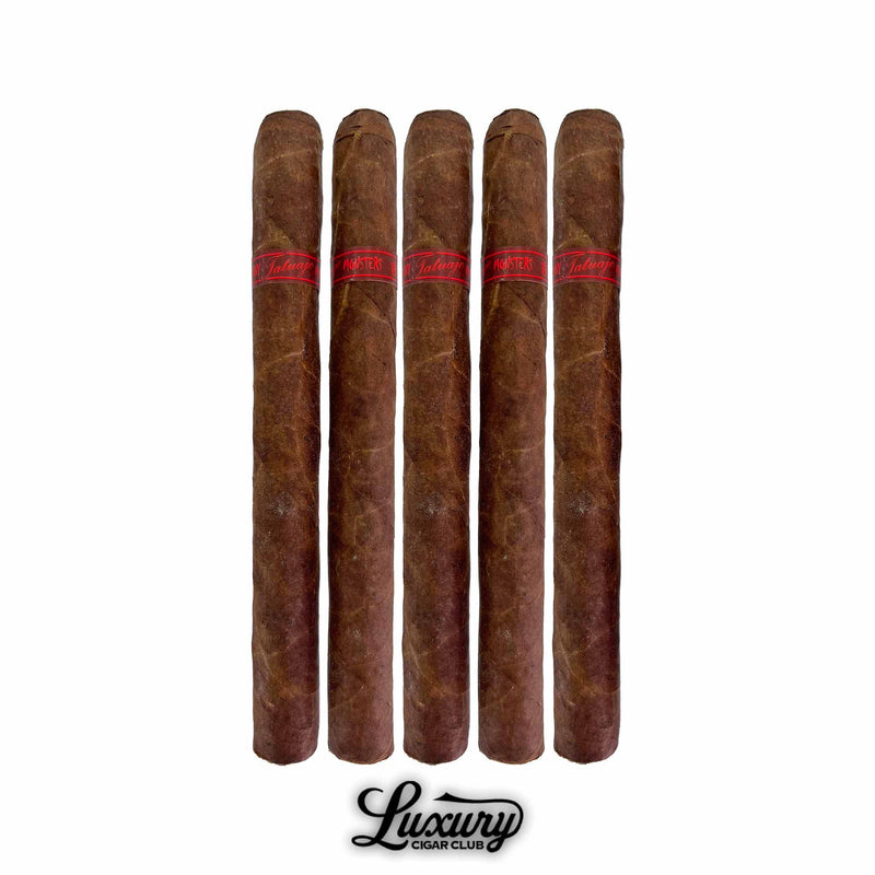 Five pack of Tatuaje Skinny Monsters Wolf petit lancero cigars standing upright with dark wrapper and red monster band, isolated on white background for Luxury Cigar Club.