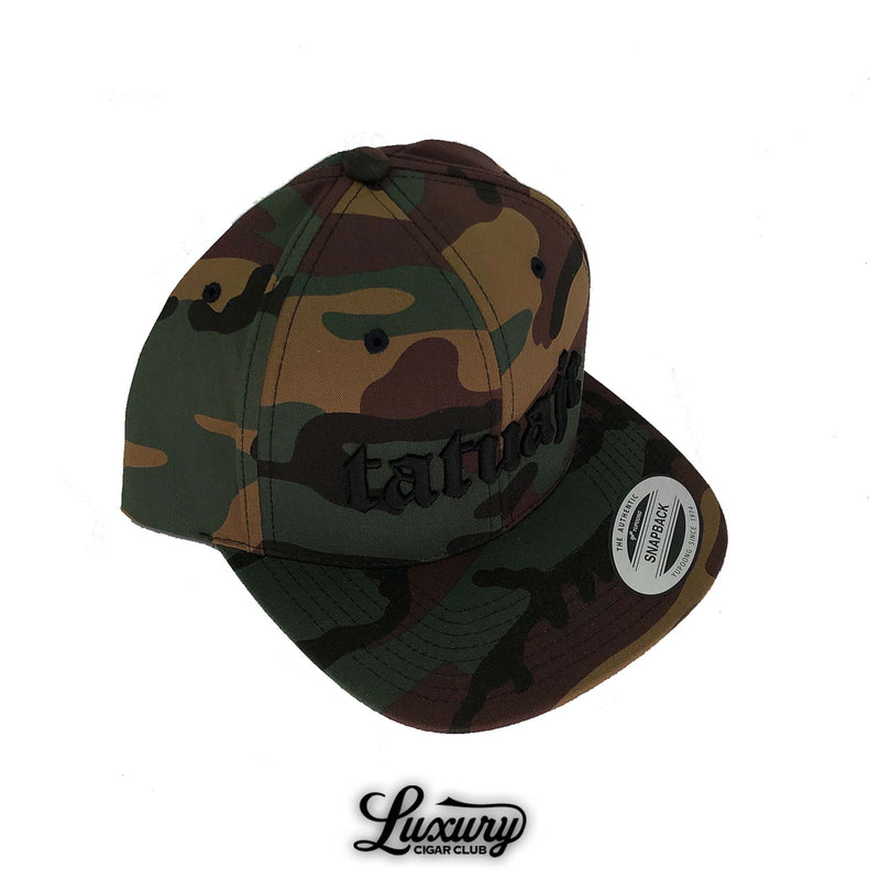 Camouflage Tatuaje snapback hat with bold embroidered lettering available at Luxury Cigar Club.
