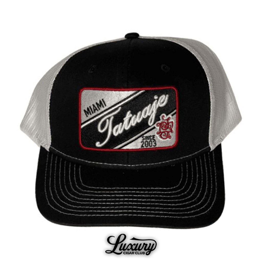Tatuaje snapback patch trucker hat in black and grey with embroidered Miami Tatuaje logo since 2003 available at Luxury Cigar Club